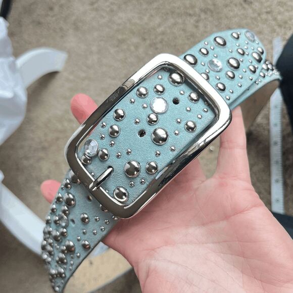 VTG Y2K Baby Blue Studded Rhinestone Leather Belt Wide McBling 1.75” 43” main image 4